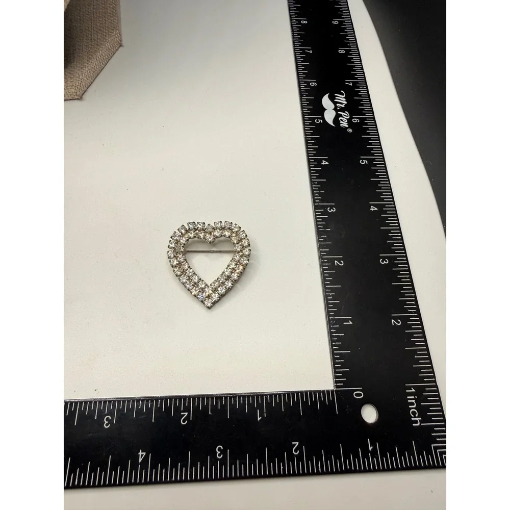 Vintage Clear Rhinestone Double Row Heart Brooch Silver Tone‎ Romantic Pin